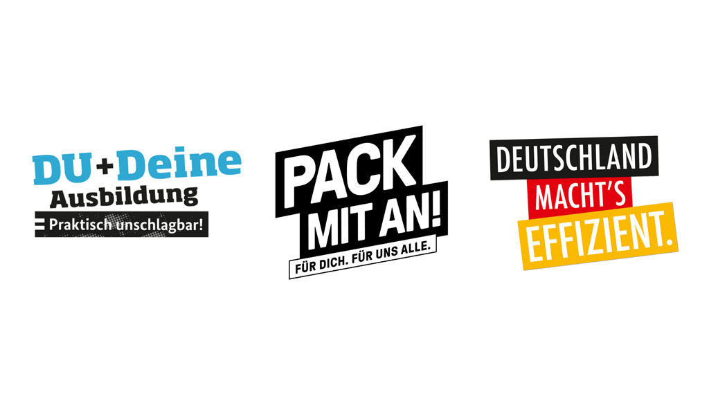 Beispiele für Programm-Marken: „Du + Deine Ausbildung“ ©BMBF; „Pack mit an“ ©BMI; „Deutschland macht's effizient“; ©BMWi;