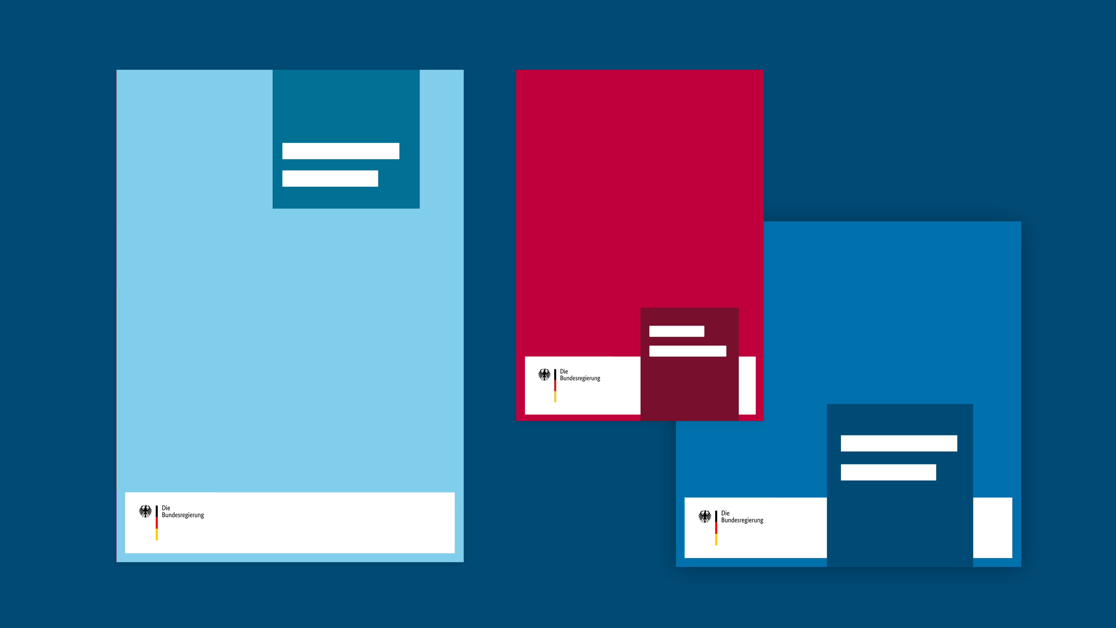 Sitlisierte Darstellung dreier Broschüren unterschiedlicher Formate. Bildwortmarke links im Identitätsbereich platziert.