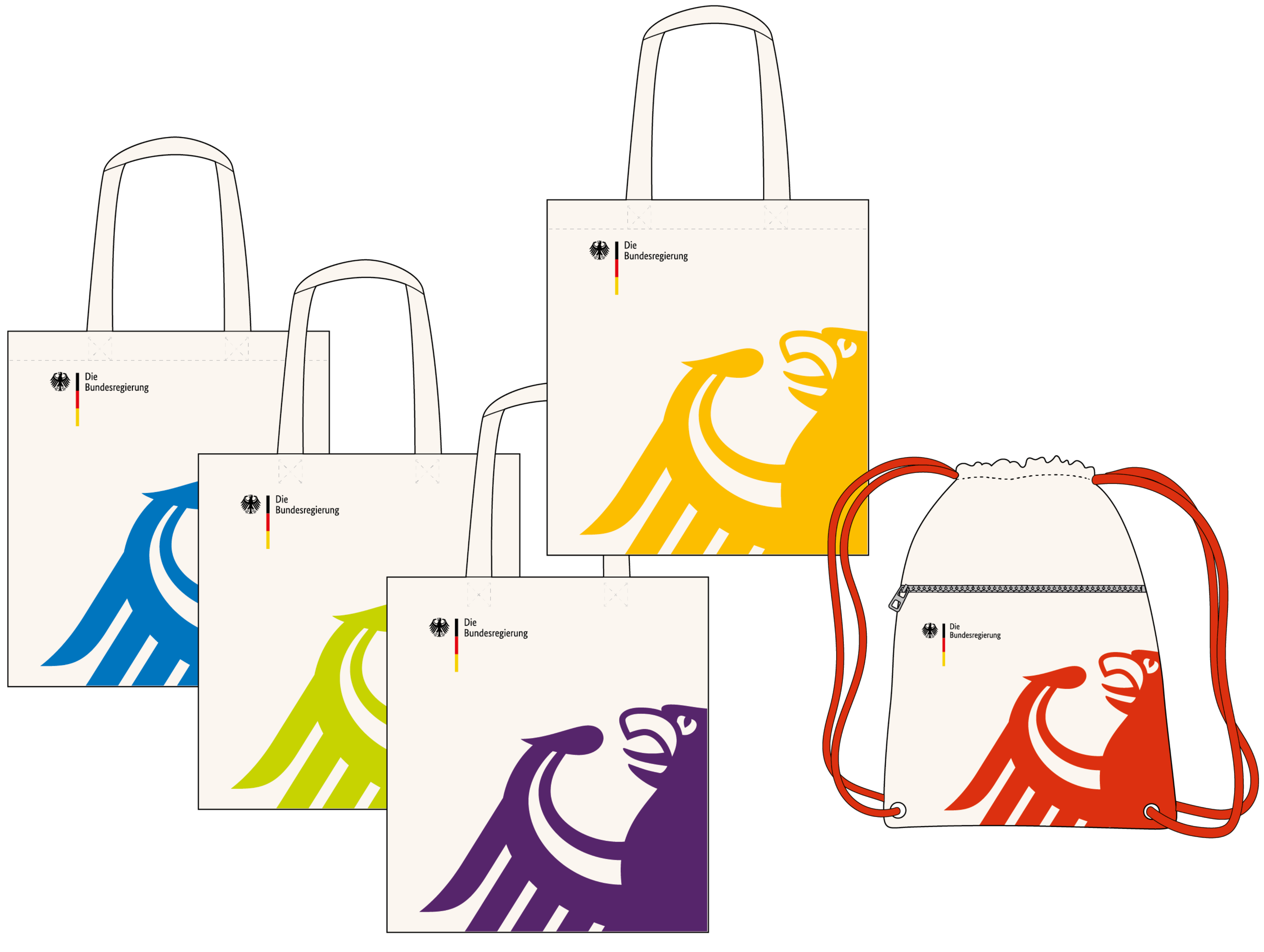 Stofftaschen und Beutel mit Adlermotiv in verschiedenen Farben.