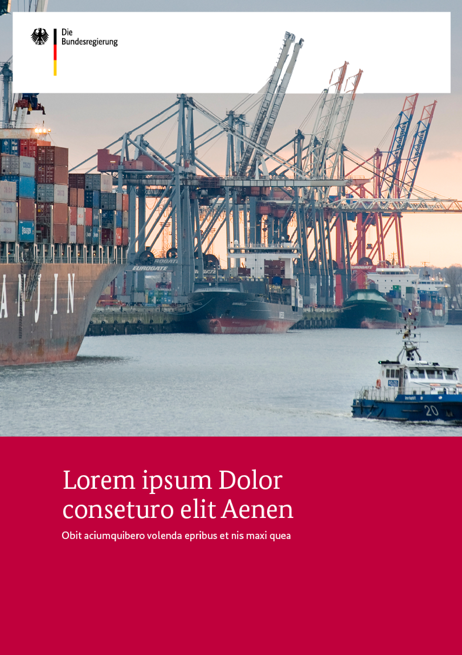 Broschüren-Titel mit Abbildung eines Containerhafens bei Sonnenaufgang.