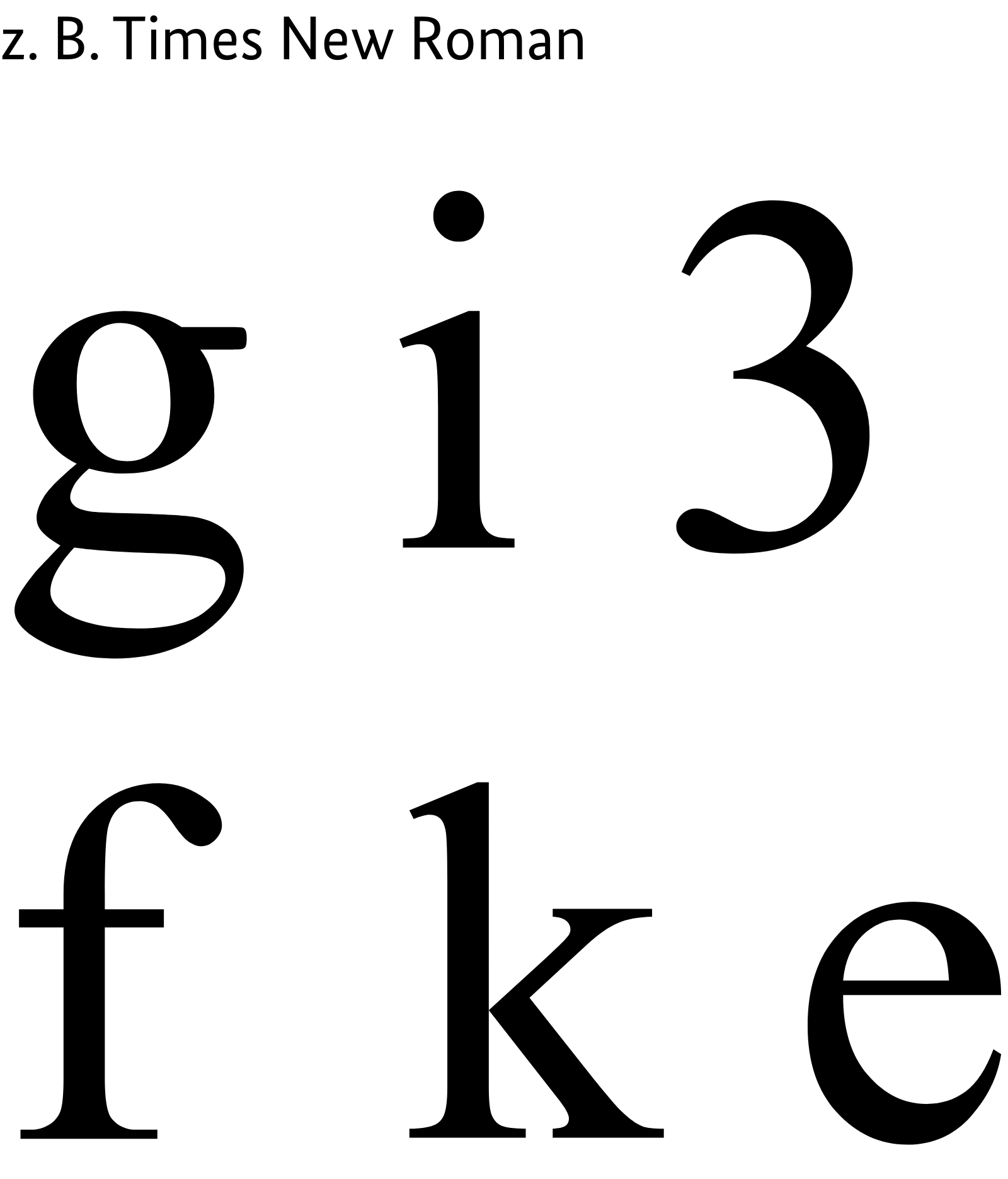 Beispielhafte Buchstaben der Schrift Times New Roman: g, i, 3, f,k, e