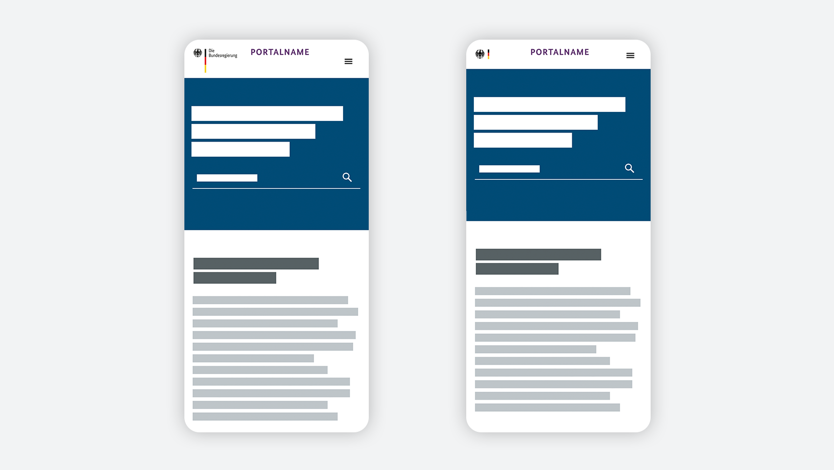 Beispiel mobile Webanwendung, Positionierung nebeneinander, Bildwortmarke ändert sich zur Minimalversion mit Scrollverhalten (rechts). 
