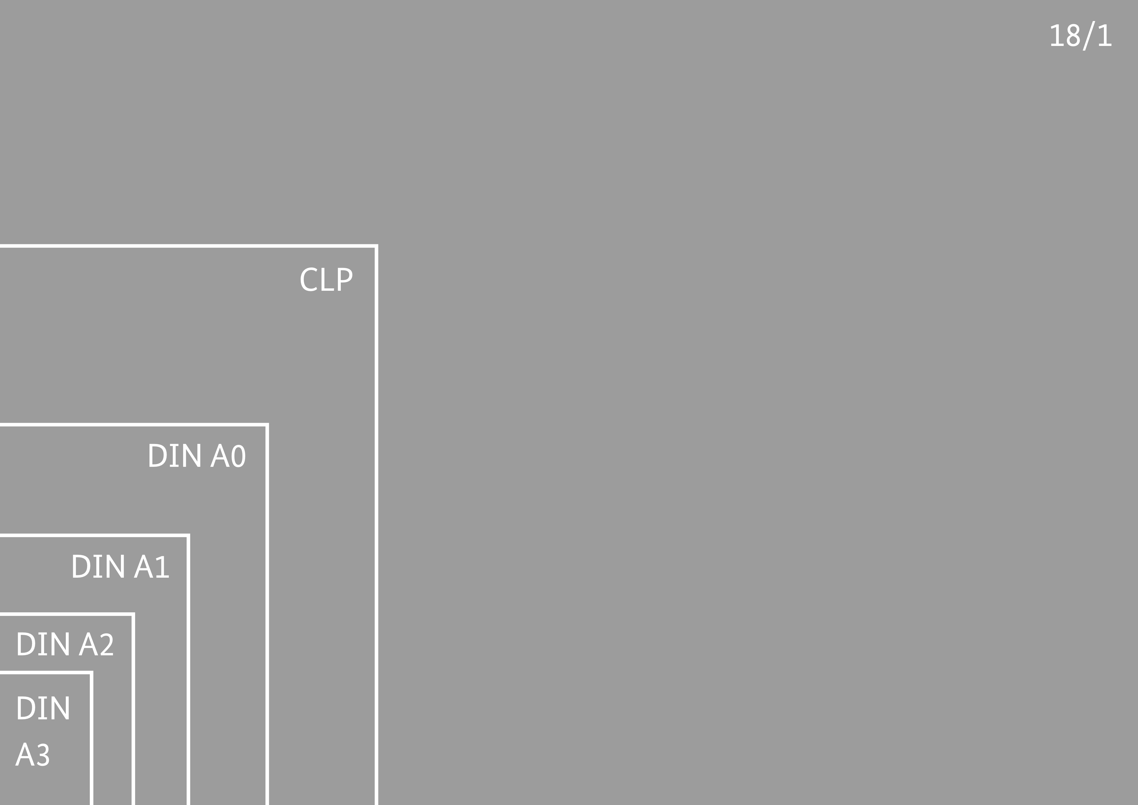 Schematische Darstellung in proportionaler Größe zueinander: DIN A3, DIN A2, DIN A1, DIN A0, CLP, 18/1.