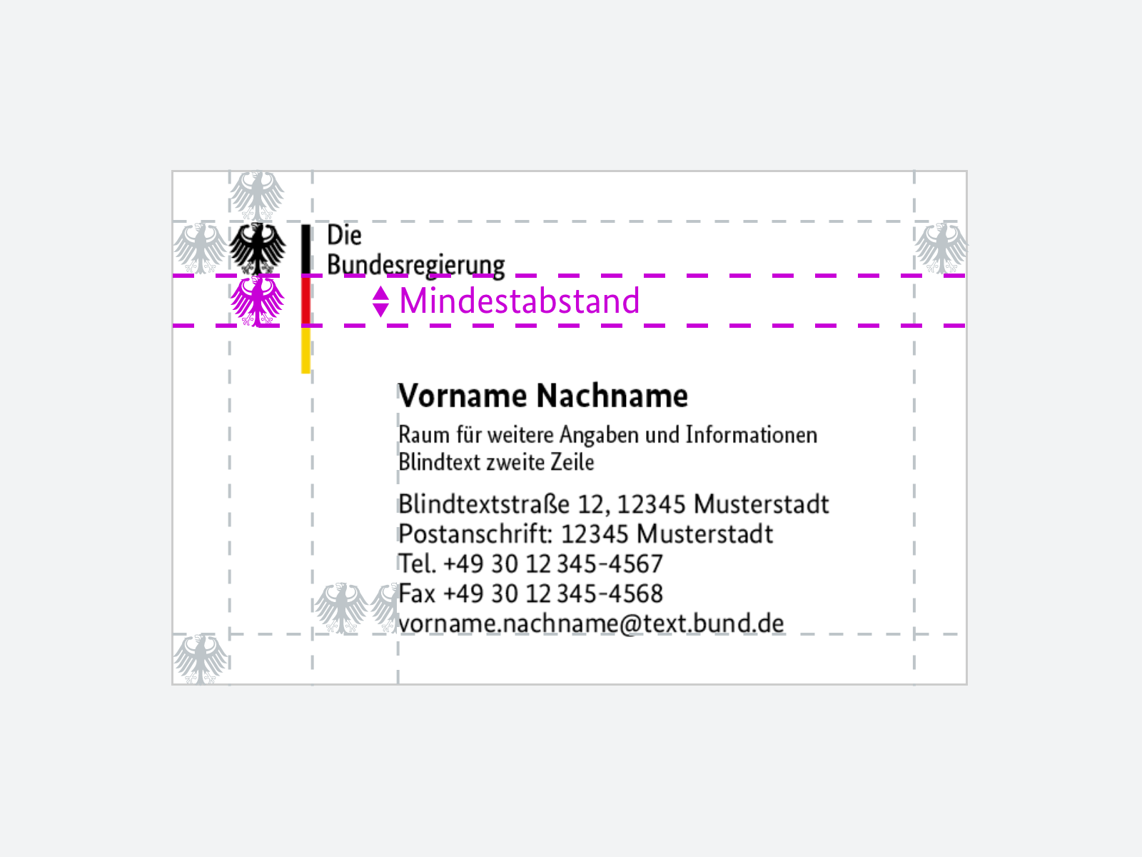 Vermaßung einer Visitenkarte mit Markierungen für den Mindestabstand zwischen Unterzeile der Bildwortmarke und Beginn des Textblocks.