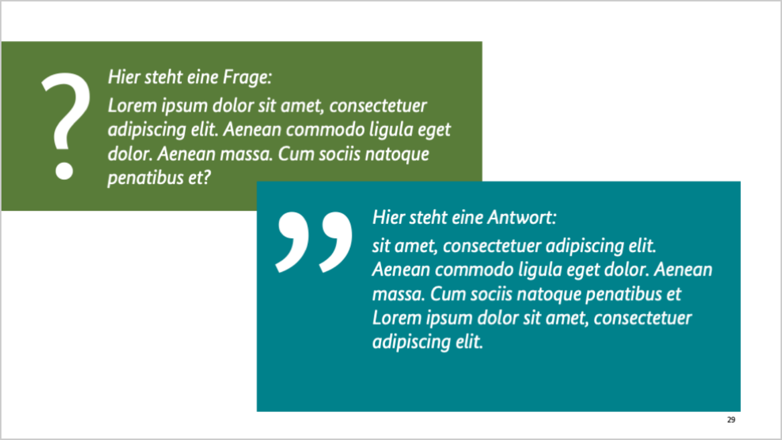 Eine grüne Textbox mit Icon Fragezeichen sowie weissem Text, davor versetzt eine türkise Textbox mit Icon Anführungszeichen und weissem Text-Beipiel.