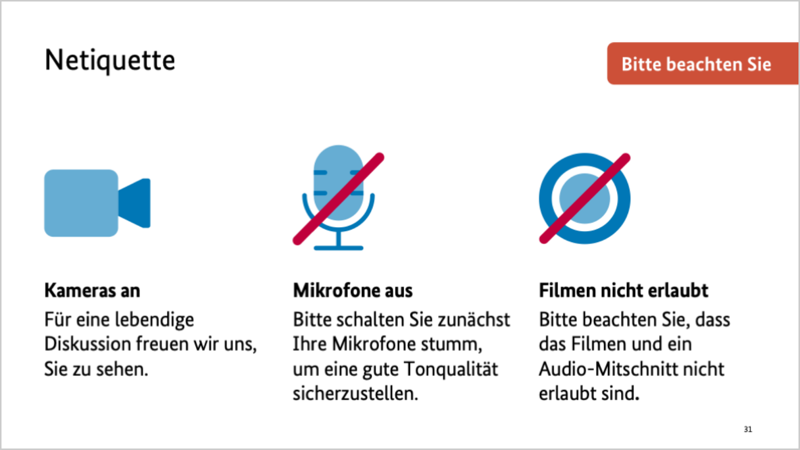 Drei Icons mit Texten für Kamera an, Mikrophon aus, Filmen nicht erlaubt.